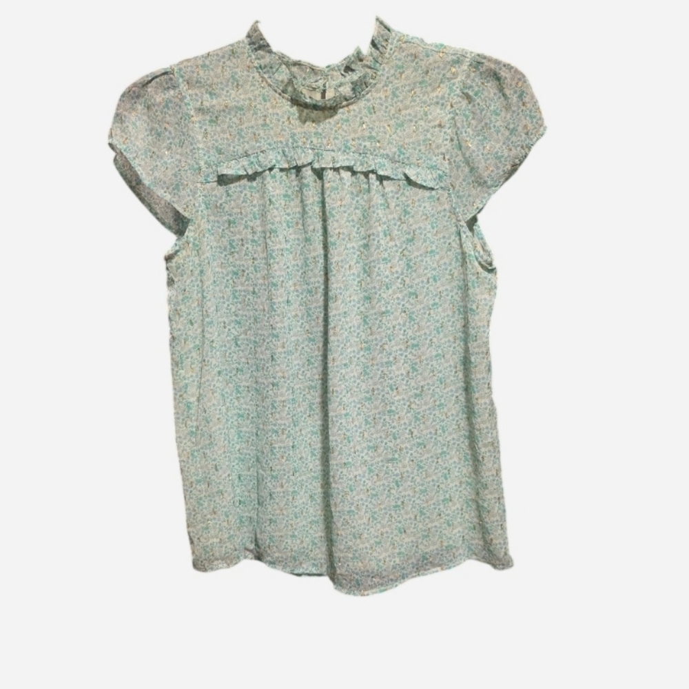 Joie Mint Floral Ruffle Cap Sleeve Top